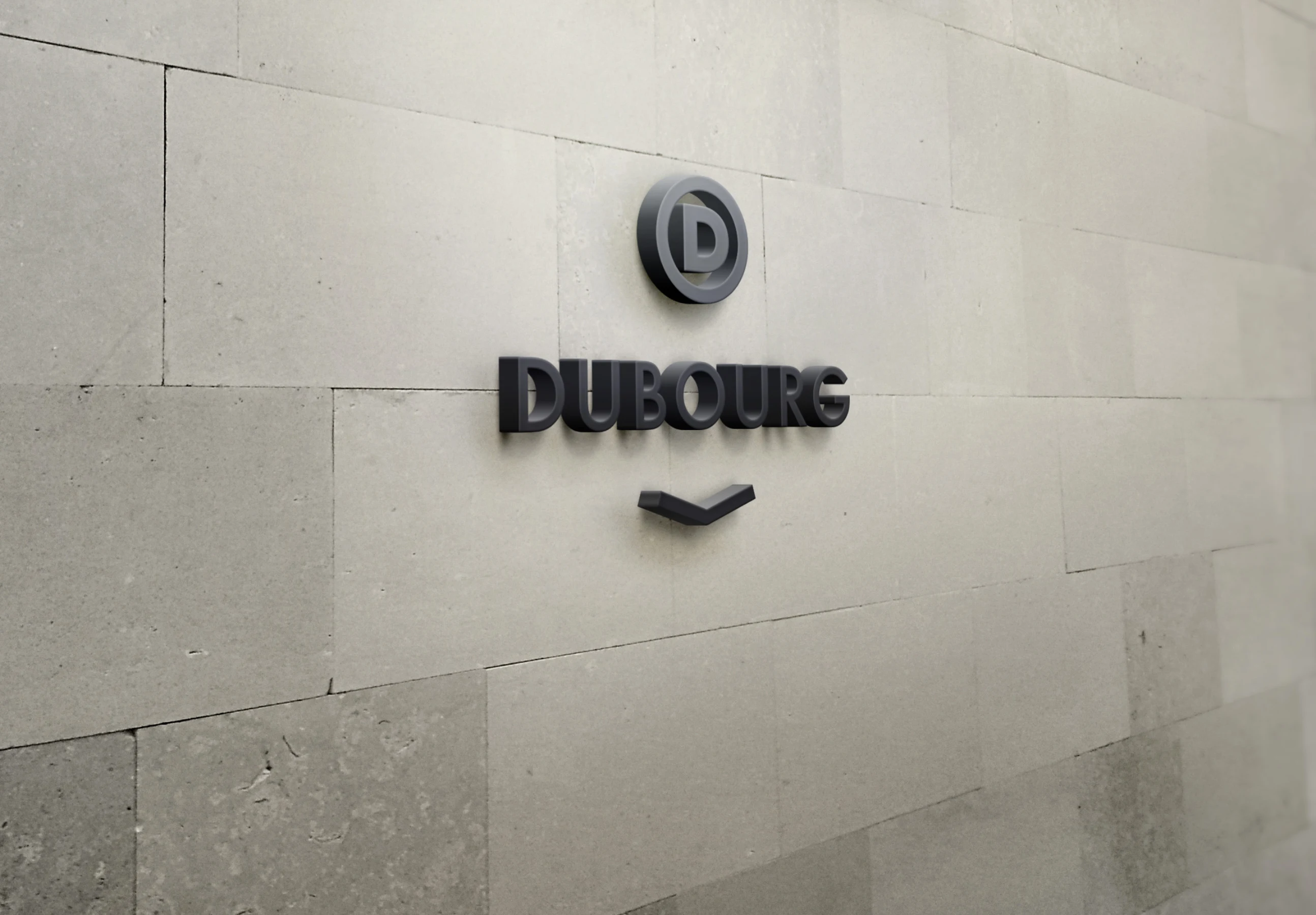Signalétique façade — logo en relief 3D sur mur béton